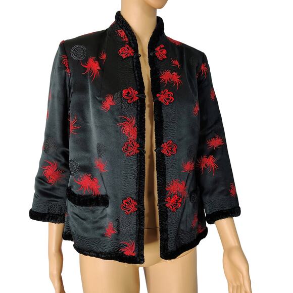 1970s Red Black Reversible Chinese Embroidered Fur Evening Jacket Size Small - Picture 1 of 12